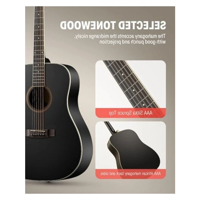 Dreadnought Akustik Gitar Seti, Siyah Renk Seçeneği