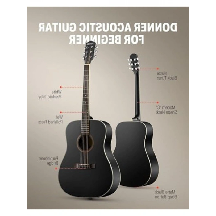 Dreadnought Akustik Gitar Seti, Siyah Renk Seçeneği