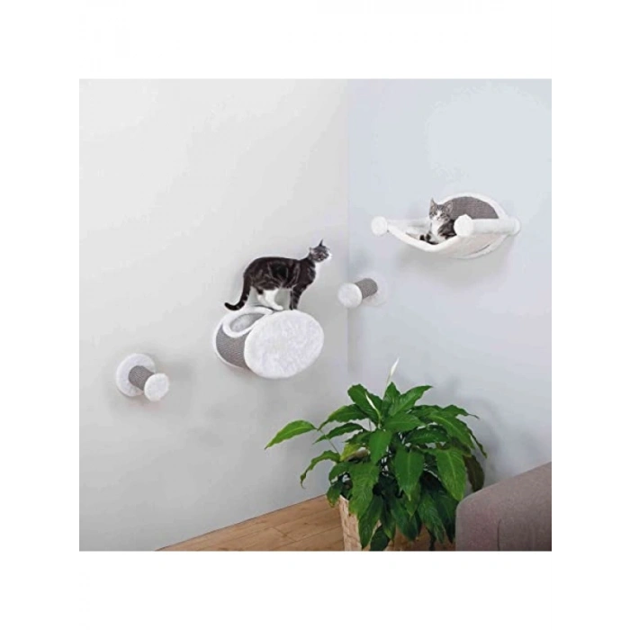 Duvara Monte Kedi Uzanma Seti - Hamak ve İki Basamaklı Kulübe, Gri