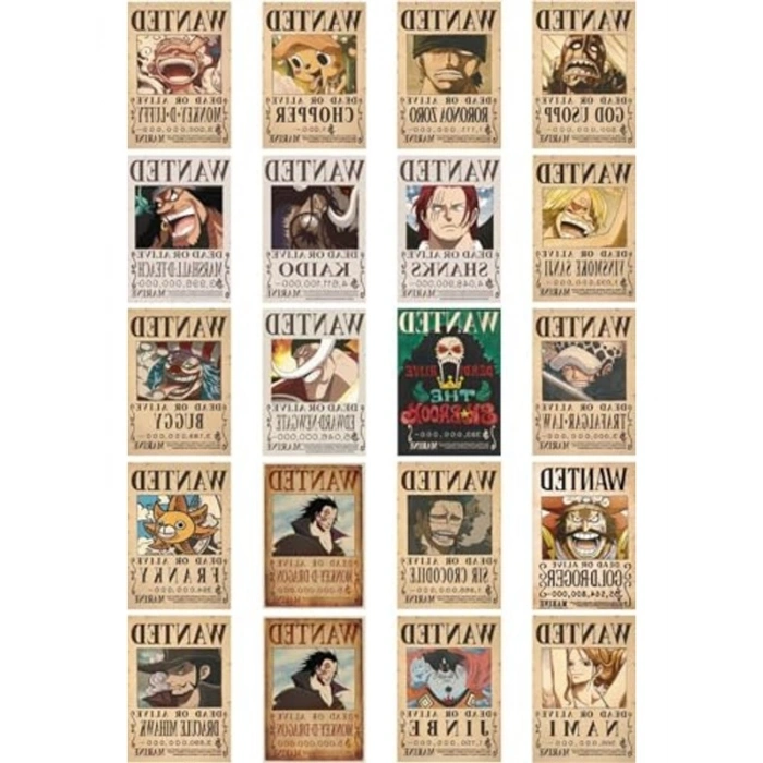 Düz Kesim Sticker Seti, One Piece Wanted Temalı, 20 Adet
