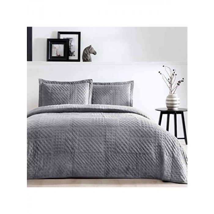 Düz Polyester Yatak Örtüsü Seti, Antrasit, Çift Kişilik