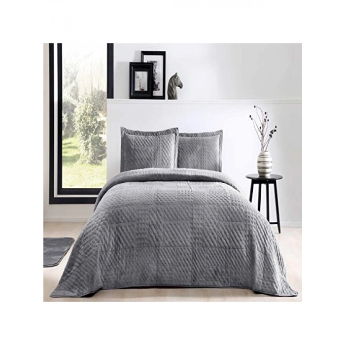 Düz Polyester Yatak Örtüsü Seti, Antrasit, Çift Kişilik