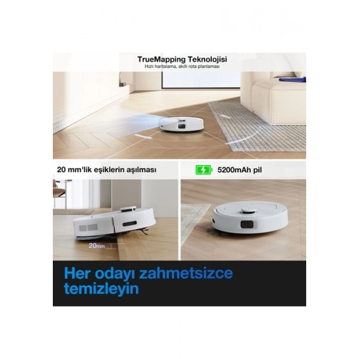 Ecovacs Deebot N20e Robot Süpürge ve Paspas, 11000Pa Güçlü Emiş, Dolaşmayı Önleme Teknolojisi