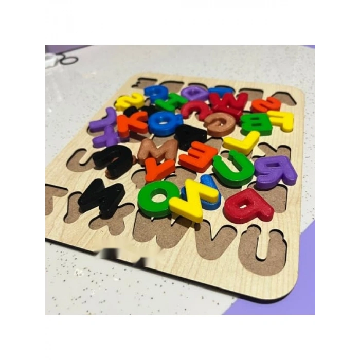 Eğitici Ahşap Alfabe Puzzle - 21x25 cm, Renkli PLA Harfler