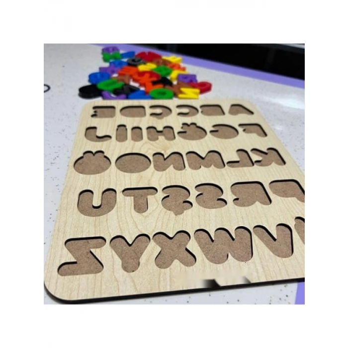 Eğitici Ahşap Alfabe Puzzle - 21x25 cm, Renkli PLA Harfler