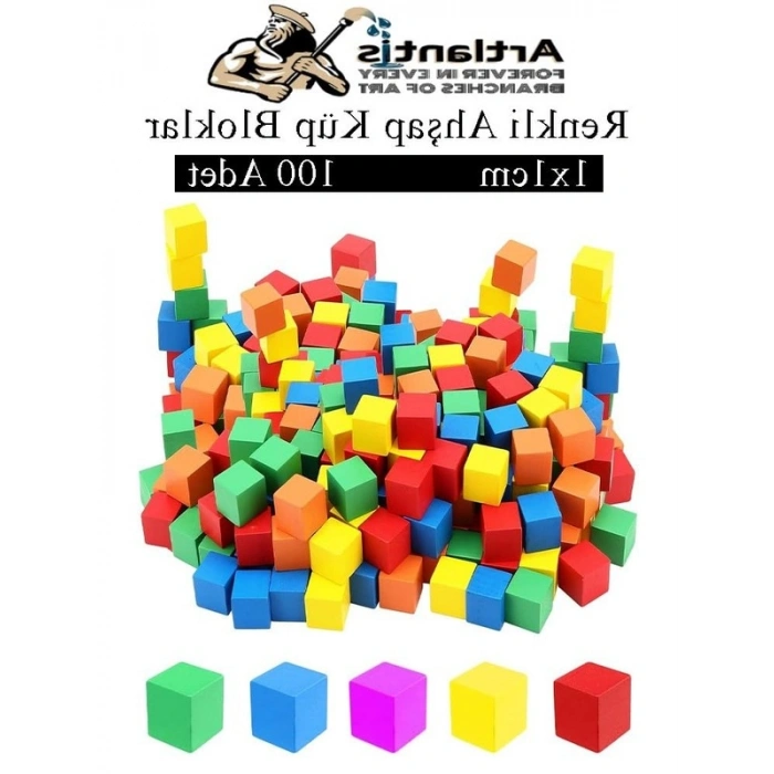 Eğitici Ahşap Küp Blok Seti, 1x1x1 cm Boyutunda 100 Adet Renkli Küp