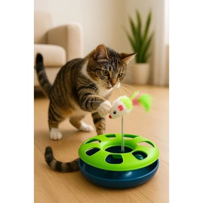 Eğlenceli Kedi Oyuncak Seti - Yaylı ve Dönerek Hareket Eden Toplar