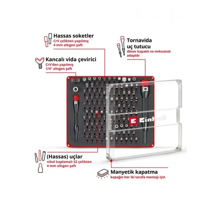Einhell 114 Parça Hassas ve Elektronik Onarım Seti (hassas uçlar, kanca ucu, hassas soketler, tornavida uç tutucu, saklama kutusu dahil, uzatma adaptörü ile) - 49115040