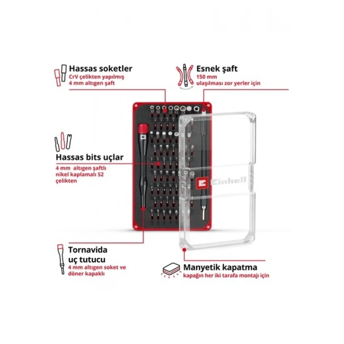 Einhell 66 Parça Hassas Bits Seti (hassas uçlar, hassas lokmalar, tornavida ucu tutucusu, esnek 150 mm uzatma, uzatma adaptörü ile) - 49115030