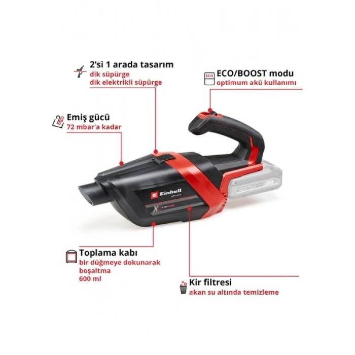 Einhell Akülü El Süpürgesi TE-HV 18/06 Li-Solo Power X-Change (18V, 72 mbar emiş gücü, dar alan başlığı, döşeme başlığı, zemin başlığı, 0,6 L toz haznesi dahil, akü dahil değildir) - 2347190
