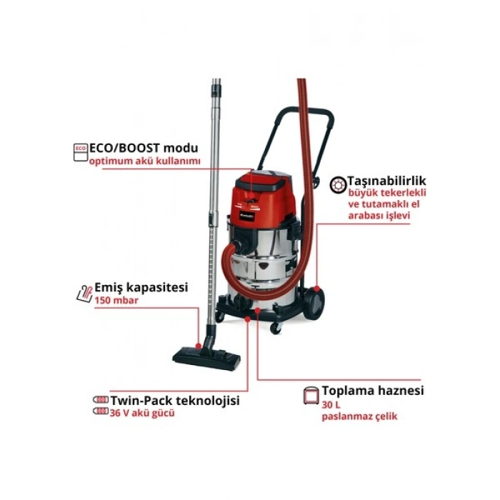 Einhell Akülü Islak/Kuru Süpürge TE-VC 36/30 Li S-Solo Power X-Change (36V, ECO/BOOST modu, 30 L paslanmaz çelik hazne, üfleme bağlantısı, 2,5 m dayanıklı hortum dahil, akü dahil değildir) - 2347140