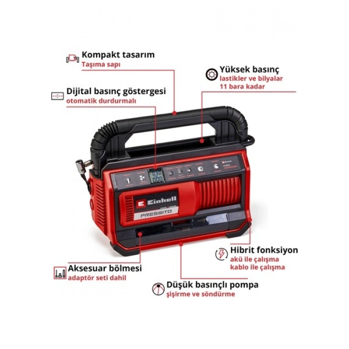 Einhell PRESSITO 18/25 Power X-Change Hibrit Kompresör (18 V, Güç Kablosu veya Akü ile Çalışır, Maks. 11 bar, 4-parçalı Adaptör Seti ve 2 Hortum dahil, Akü dahil değildir) - 4020430