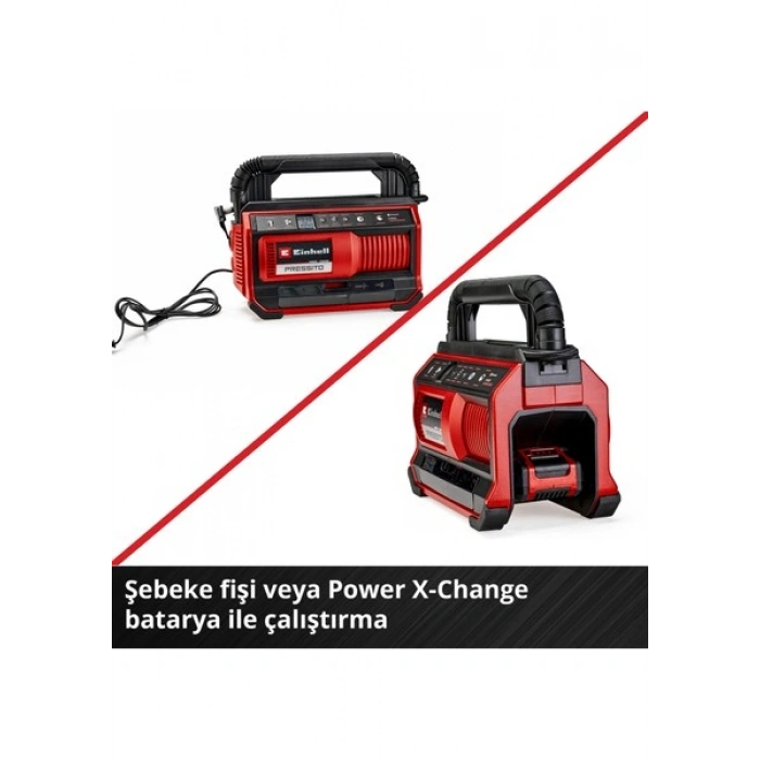 Einhell PRESSITO 18/25 Power X-Change Hibrit Kompresör (18 V, Güç Kablosu veya Akü ile Çalışır, Maks. 11 bar, 4-parçalı Adaptör Seti ve 2 Hortum dahil, Akü dahil değildir) - 4020430