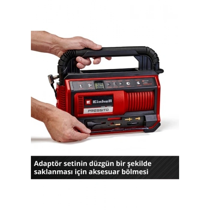 Einhell PRESSITO 18/25 Power X-Change Hibrit Kompresör (18 V, Güç Kablosu veya Akü ile Çalışır, Maks. 11 bar, 4-parçalı Adaptör Seti ve 2 Hortum dahil, Akü dahil değildir) - 4020430