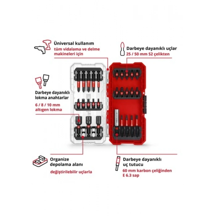 Einhell S-CASE 28 Parça Darbeye Dayanıklı Bits Uç Seti (25 Mm Uçlar, 50 Mm Uçlar, 60 Mm Uç Tutucu, Lokmalar Dahil Saklama Kutusu)