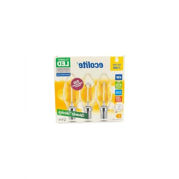 Ekolite 4W LED Filament Mum Ampul, 2700K Sarı Işık, 470 Lümen, 3lü Paket