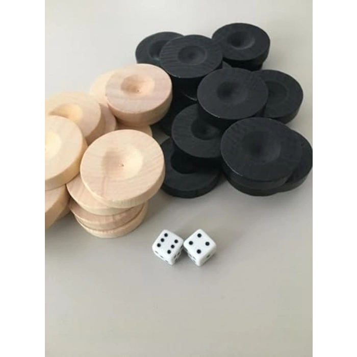 El Yapımı Ahşap Tavla Pulu Seti, 2 Adet Zar ile 35 mm Boyutunda