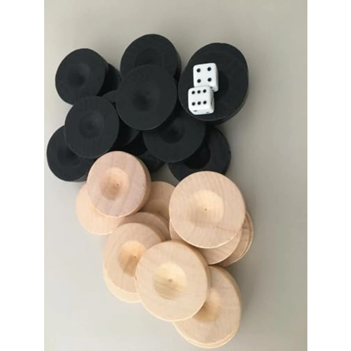El Yapımı Ahşap Tavla Pulu Seti, 2 Adet Zar ile 35 mm Boyutunda