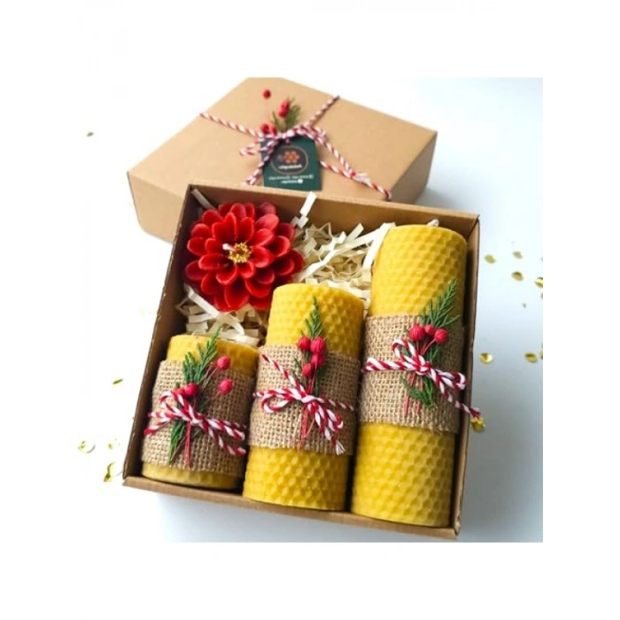 El Yapımı Doğal Balmumu Mum Seti - 3lü Dekoratif Set