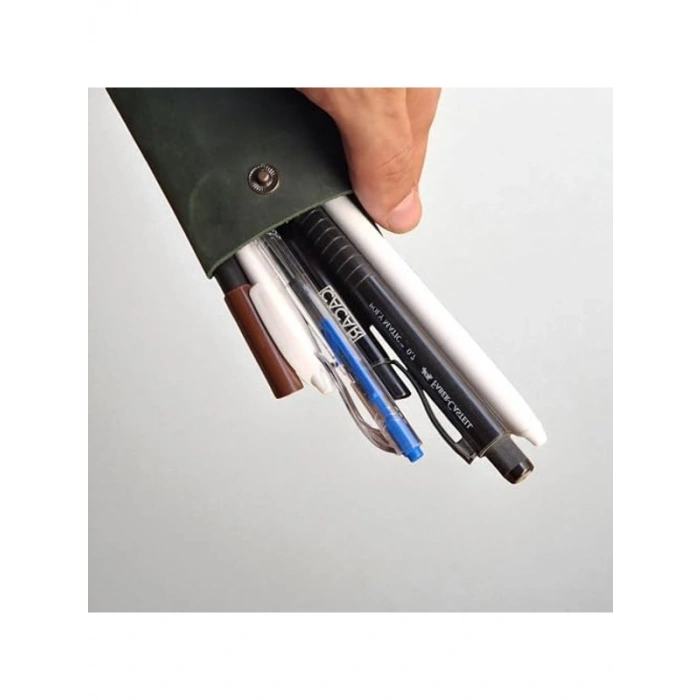 El Yapımı Gerçek Deri Kalem Kutusu - Çıtçıtlı Tasarım