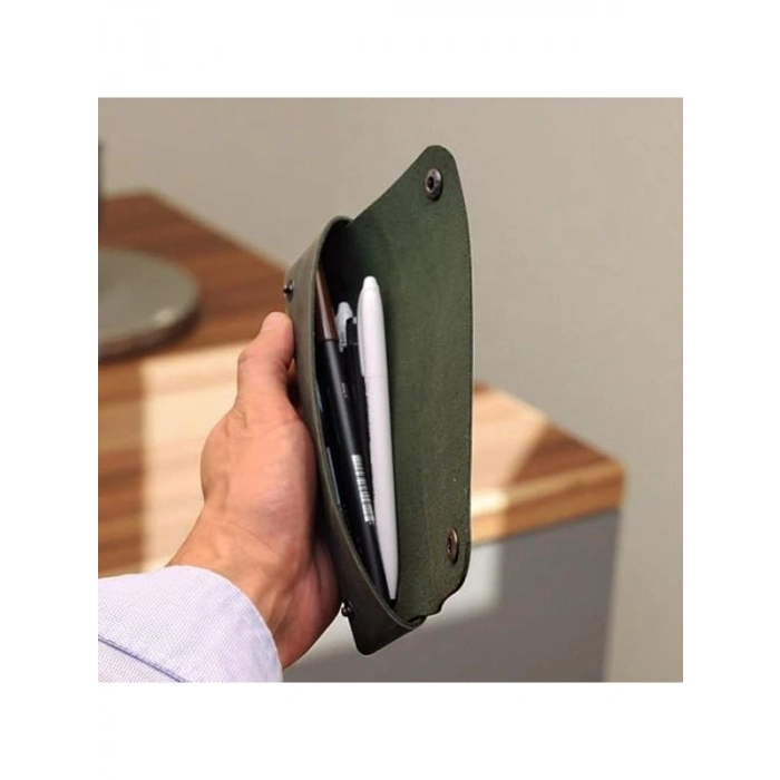 El Yapımı Gerçek Deri Kalem Kutusu - Çıtçıtlı Tasarım