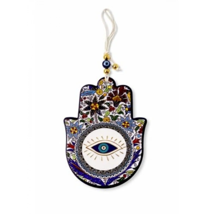 El Yapımı Seramik Nazar Boncuklu Fatma Eli Duvar Süsü (13 cm)