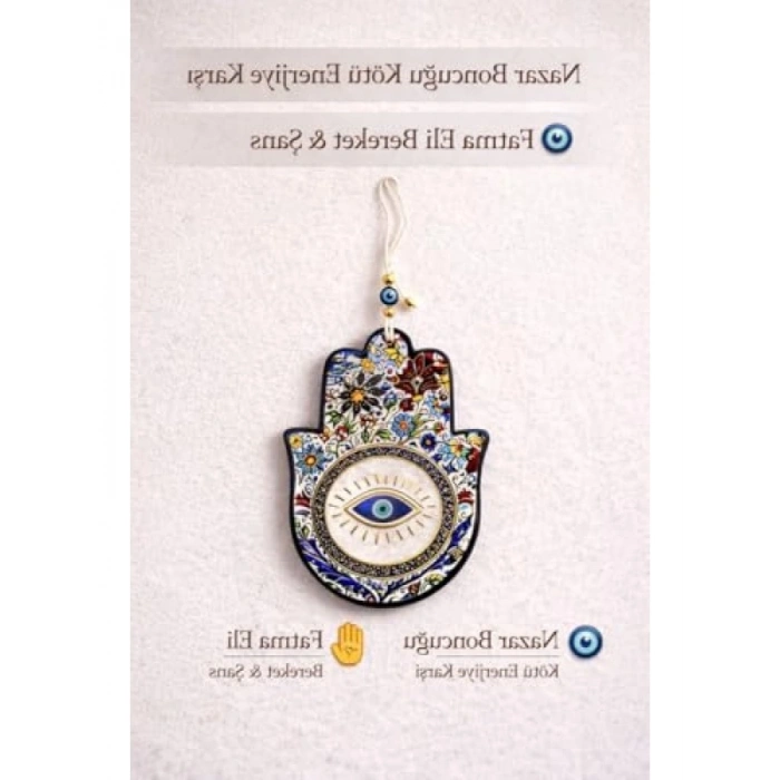 El Yapımı Seramik Nazar Boncuklu Fatma Eli Duvar Süsü (13 cm)
