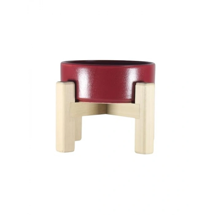 Ergonomik Tasarımlı Ahşap Standlı Seramik Mama ve Su Kabı, Kırmızı