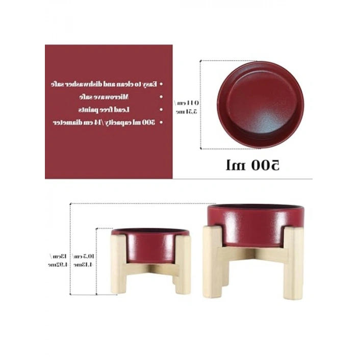 Ergonomik Tasarımlı Ahşap Standlı Seramik Mama ve Su Kabı, Kırmızı