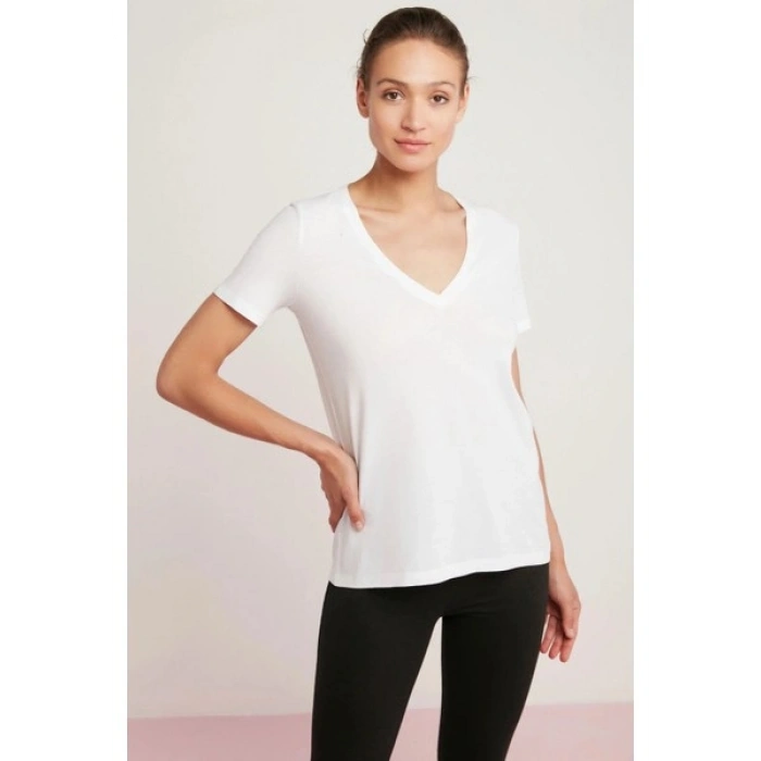 ETHIQUET Mabel Kadın 100% Pamuk V Yaka Yarım Kollu Örme Regular Fit Basıc Beyaz T-shirt
