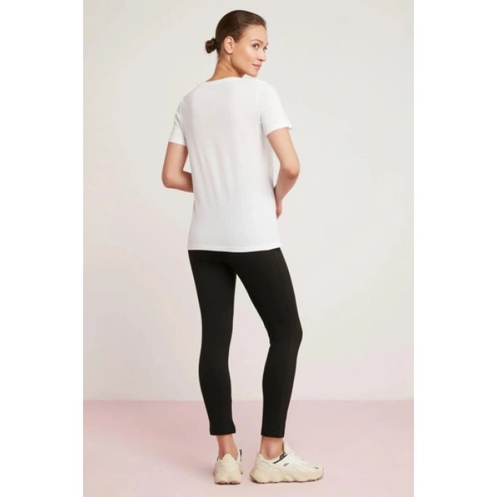 ETHIQUET Mabel Kadın 100% Pamuk V Yaka Yarım Kollu Örme Regular Fit Basıc Beyaz T-shirt