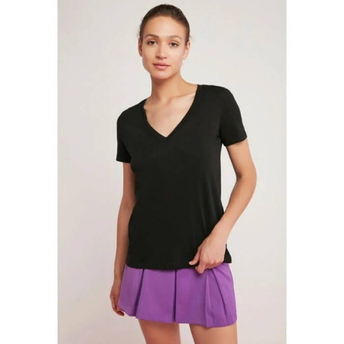ETHIQUET Mabel Kadın 100% Pamuk V Yaka Yarım Kollu Örme Regular Fit Basıc Siyah T-shirt