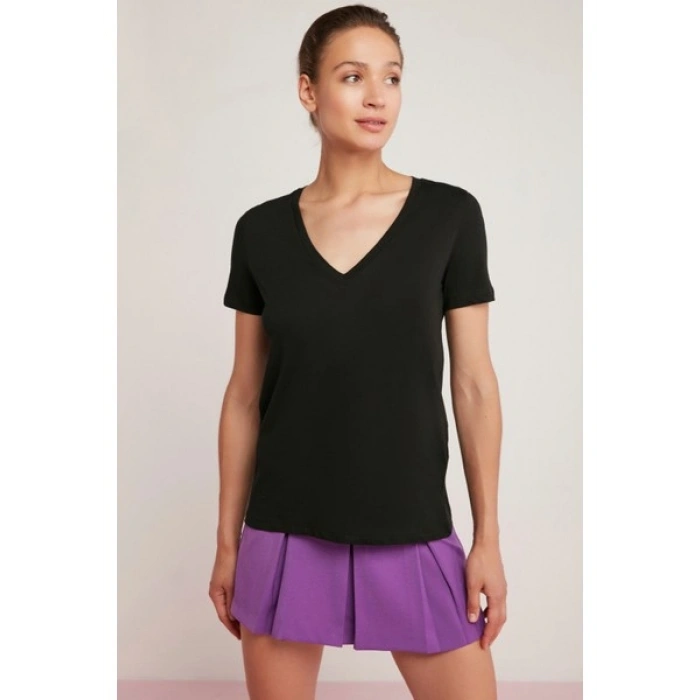 ETHIQUET Mabel Kadın 100% Pamuk V Yaka Yarım Kollu Örme Regular Fit Basıc Siyah T-shirt