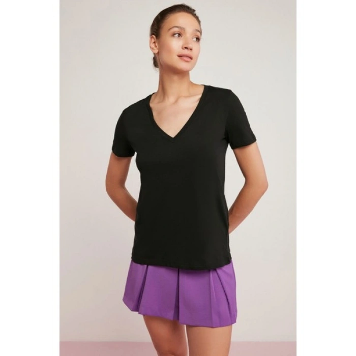 ETHIQUET Mabel Kadın 100% Pamuk V Yaka Yarım Kollu Örme Regular Fit Basıc Siyah T-shirt