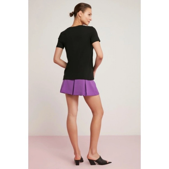 ETHIQUET Mabel Kadın 100% Pamuk V Yaka Yarım Kollu Örme Regular Fit Basıc Siyah T-shirt