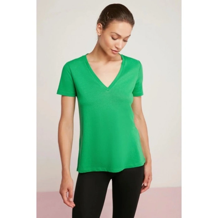 ETHIQUET Mabel Kadın 100% Pamuk V Yaka Yarım Kollu Örme Regular Fit Basıc Yeşil T-shirt