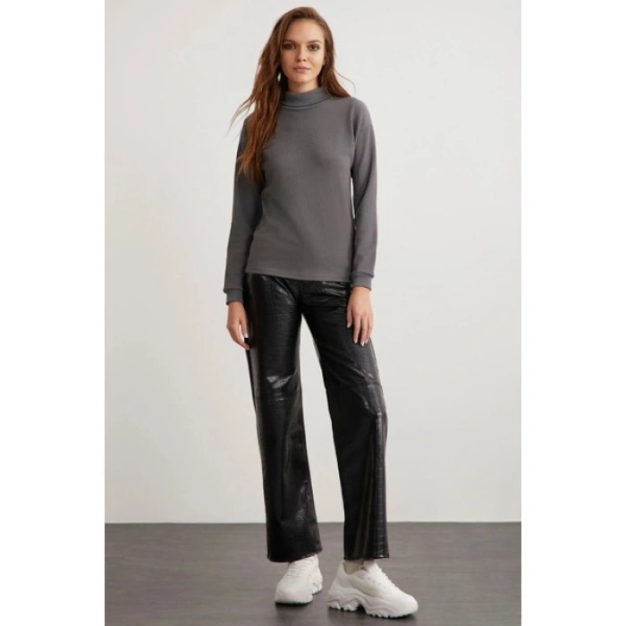 ETHIQUET Padma Kadın Slim Fit Dar Kesim Dik Yaka Viskon Karışımlı Uzun Kol Örme Antrasit Kazak