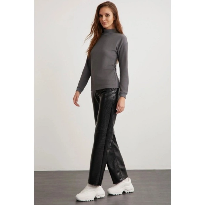 ETHIQUET Padma Kadın Slim Fit Dar Kesim Dik Yaka Viskon Karışımlı Uzun Kol Örme Antrasit Kazak