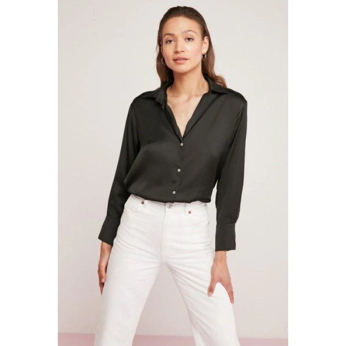 ETHIQUET Yvonne Kadın Saten Kumaşlı Regular Fit Cepsiz Siyah Gömlek