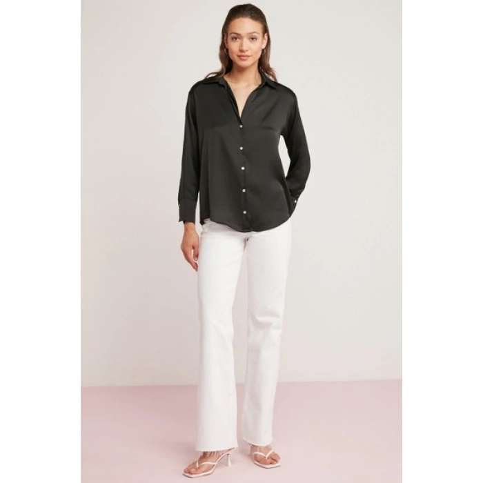 ETHIQUET Yvonne Kadın Saten Kumaşlı Regular Fit Cepsiz Siyah Gömlek