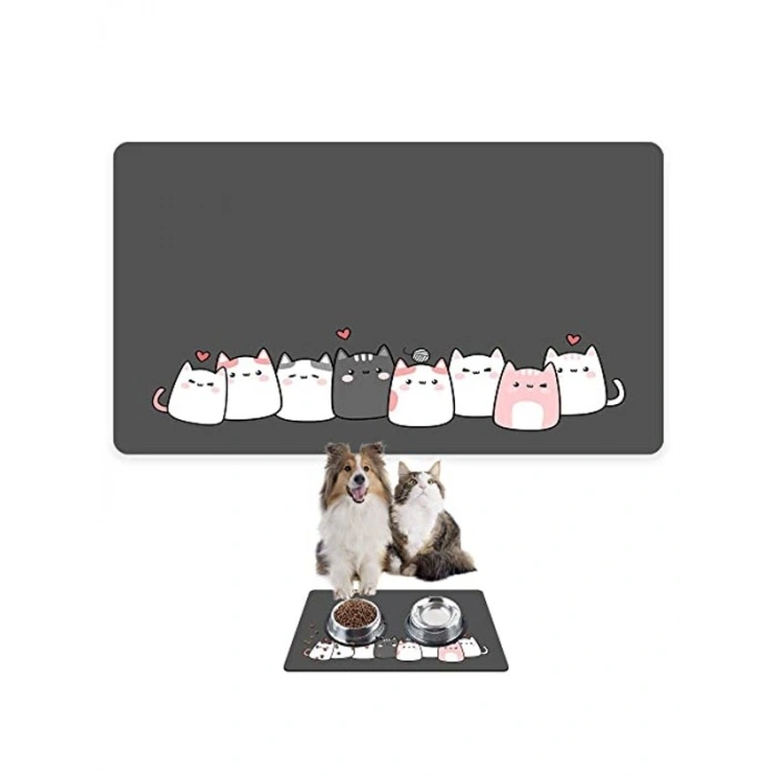 Evcil Hayvanlar İçin Su Geçirmez Beslenme Matı, 50x35, Cute Gri