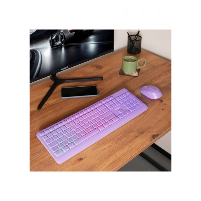Everest KM-1500 Mor Kablosuz Rainbow Aydınlatmalı Q Multimedia Klavye + Mouse Set