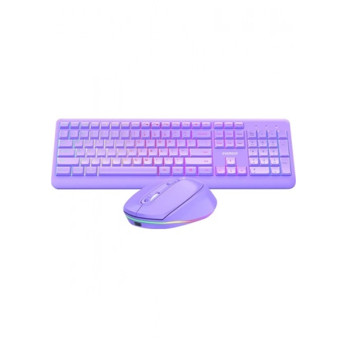 Everest KM-1500 Mor Kablosuz Rainbow Aydınlatmalı Q Multimedia Klavye + Mouse Set