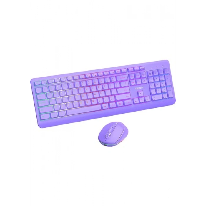Everest KM-1500 Mor Kablosuz Rainbow Aydınlatmalı Q Multimedia Klavye + Mouse Set