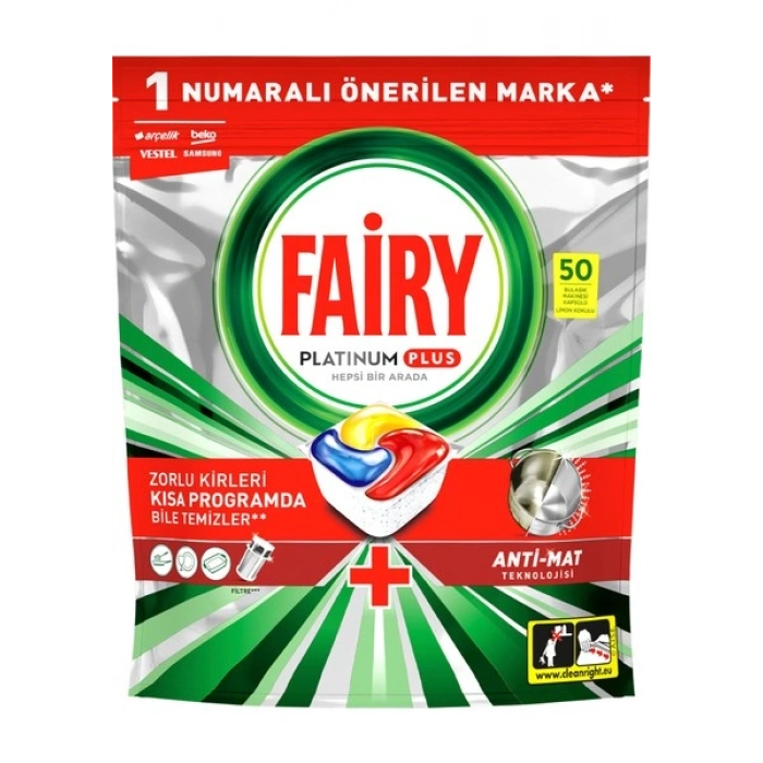 Fairy Platinum Plus Bulaşık Makinesi Deterjanı Kapsülü / Tableti; 50 Yıkama Limon Kokulu