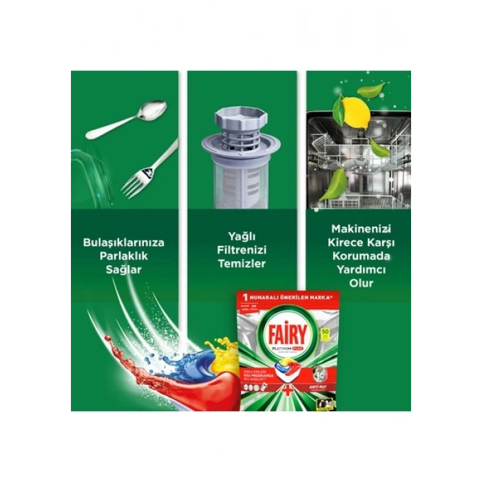 Fairy Platinum Plus Bulaşık Makinesi Deterjanı Kapsülü / Tableti; 50 Yıkama Limon Kokulu