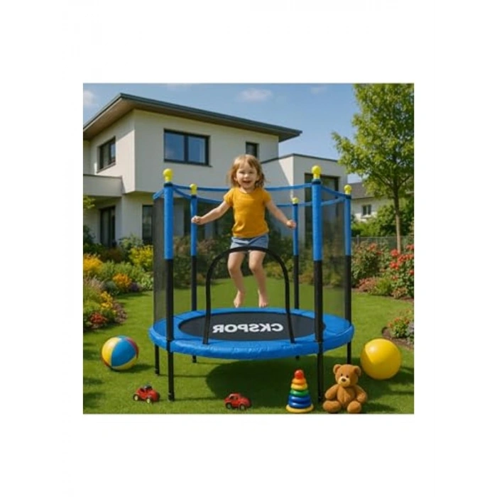 Fileli  Boy Trambolin, 140 cm Çap, Korumalı, Kolay Kurulum, Mavi