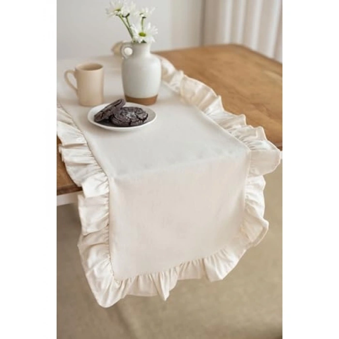 Fırfırlı Keten Mutfak Runner - 40 x 110 cm (Bej)