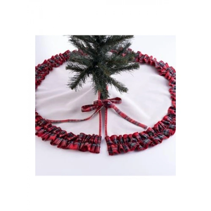 Fırfırlı Yılbaşı Çam Ağacı Örtüsü | Pamuklu Ekose Desen | 60 cm