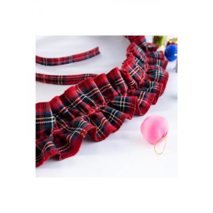 Fırfırlı Yılbaşı Çam Ağacı Örtüsü | Pamuklu Ekose Desen | 60 cm